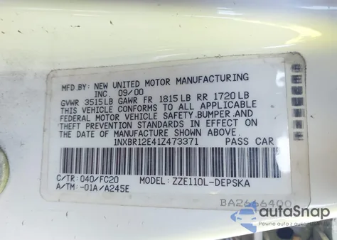 2001 Toyota Corolla S из США, поврежденный, VIN 1NXBR12E41Z473371